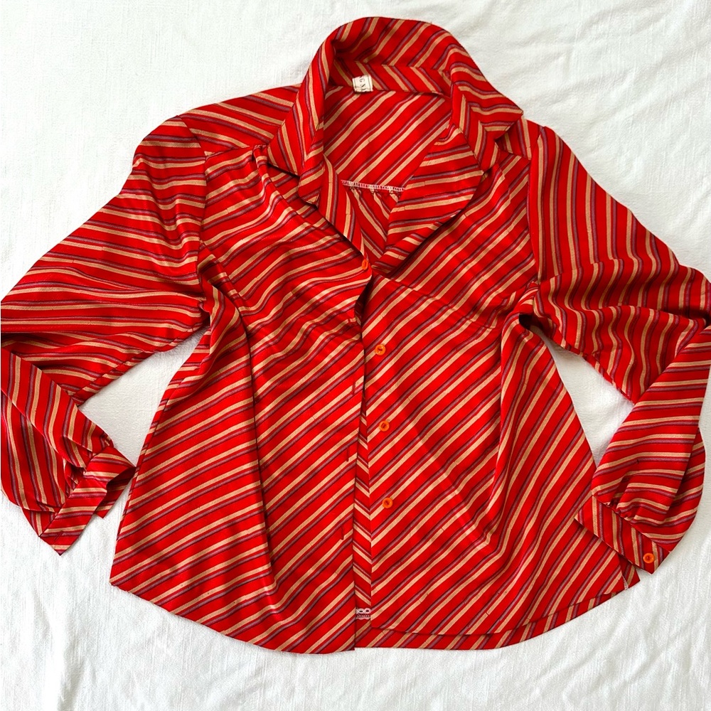 Chic Striped Red Button-Up Women's Silk Top